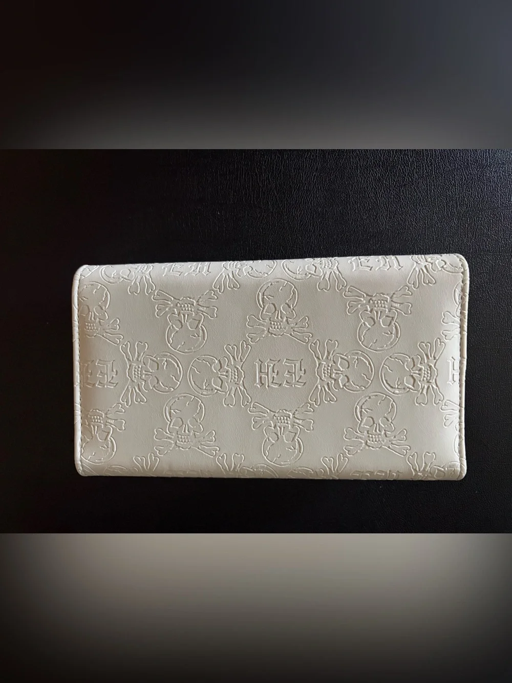 🆕 Ed Hardy White Embossed Skull Wallet with Black Stud Accents